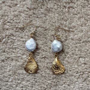 Gold Drop Earrings with White Baroque Pearls